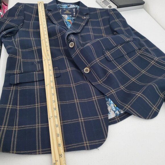 House Of Cavani Mens Blue Tan Plaid Sports Coat Size EU 56 2 Button Noch Neck - Picture 12 of 14